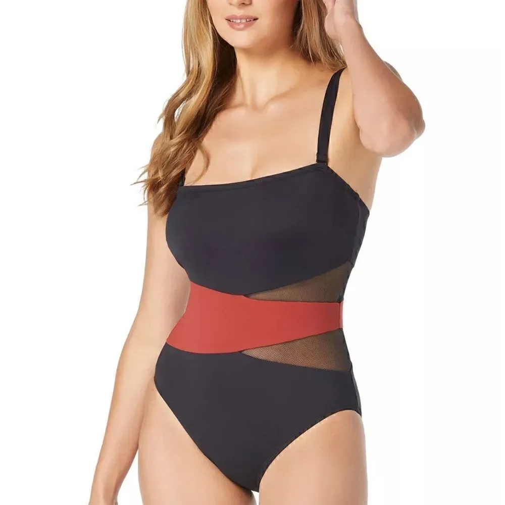 Coco Reef Women's Contours Bandeau Mesh Tummy-Control One-Piece Swimsuit Spice